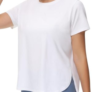 Women's Workout T-Shirts Loose Fit Short Sleeve Cotton Running Basic Tee Tops with Split Hem