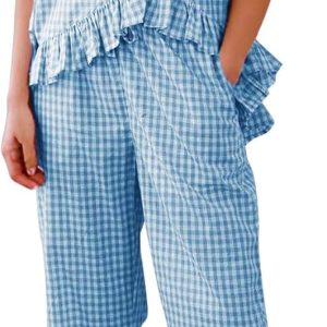 Womens 2 Piece Gingham Pajamas Set Cute Plaid Pjs Cotton Short Sleeve Babydoll Shirt Ruffle Pants Lounge Sets