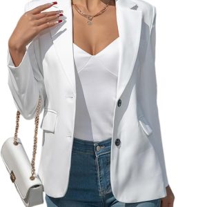 Women Blazers Business Casual Padded Shoulder Blazer - Long Sleeve Slim Fit Work Office Suit Jackets with Pockets