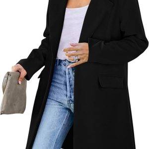 Women  Spring Fall Long Blazer Jackets Long Sleeve Lapel Pockets Loose Fit Work Casual Blazers Outerwear