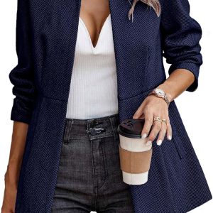Women Open Front Herringbone Blazer-Business Casual Long Sleeve Work Jacket with Full Lining and Padded Shoulders