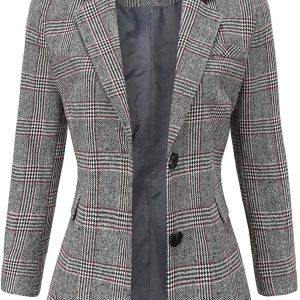 Women Notch Lapel 2 Button Boyfriend Blazer Suit Houndstooth Plaid Jacket Coat